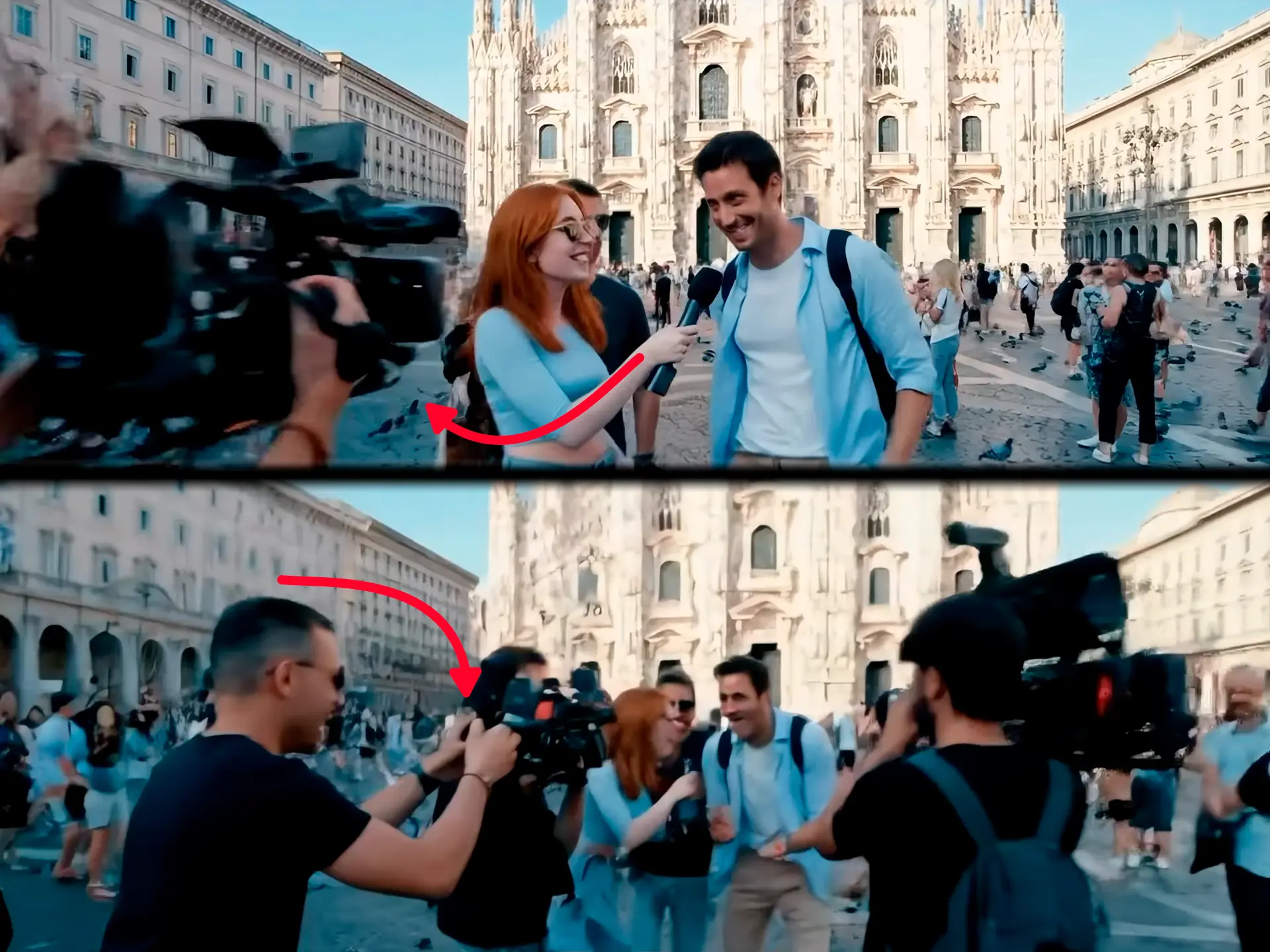 AI-generated frames: the camera in the subject's hands changes between scenes